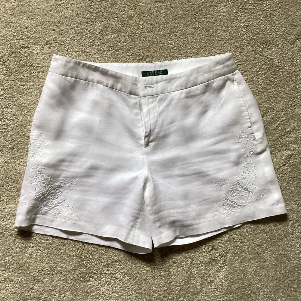 White-Linen-Ralph Lauren Embroidered Shorts- Size 6